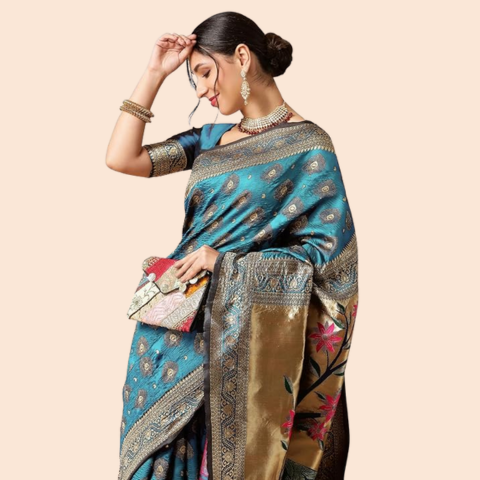 Women's Paithani Silk Blend Woven Saree With Blouse Piece